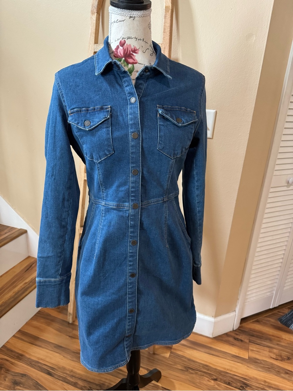 Free People Blue Denim Button-Front Long Sleeve Dress